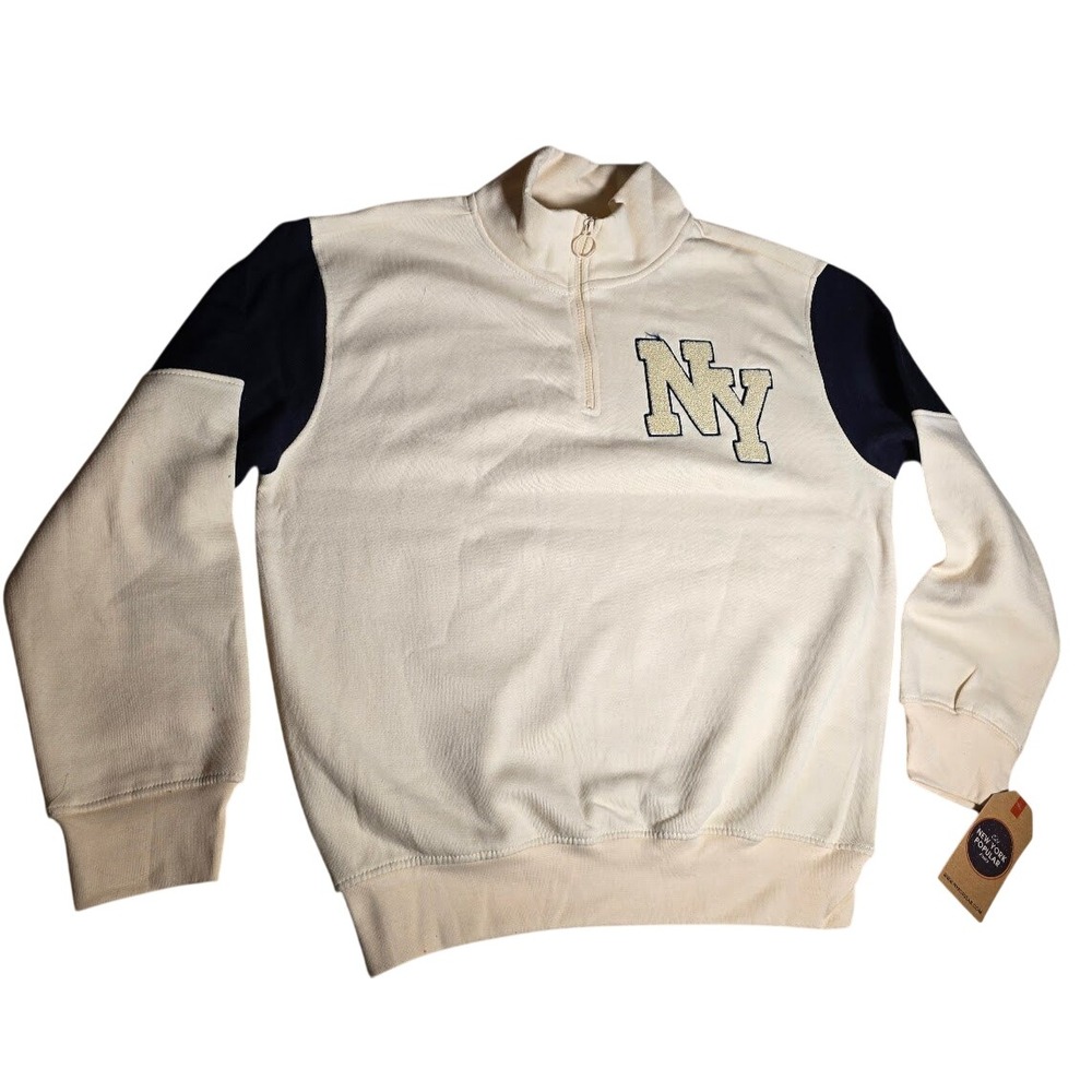 New York Popular Men Quarter Zip NWT Sweatshirt Cream Navy NY Patch Fleece Large